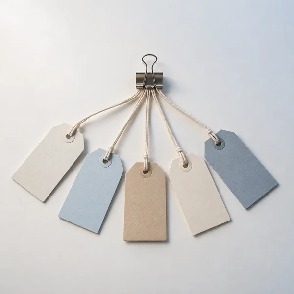 Five blank luggage tags in pale blue, cream, and sand lie in a fan on an off-white surface, their cotton cords gathered beneath a steel binder clip.