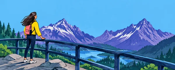 A woman in a yellow jacket and pink backpack stands behind a dark railing at a mountain overlook, looking toward violet peaks above a lake; conifers and rocky…