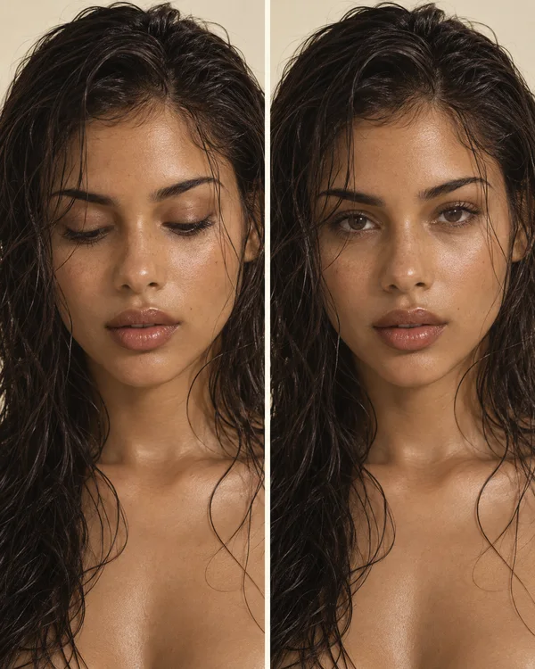 A two-panel beauty portrait of a woman with warm brown skin and long, dark, wet-look hair against an ivory background.