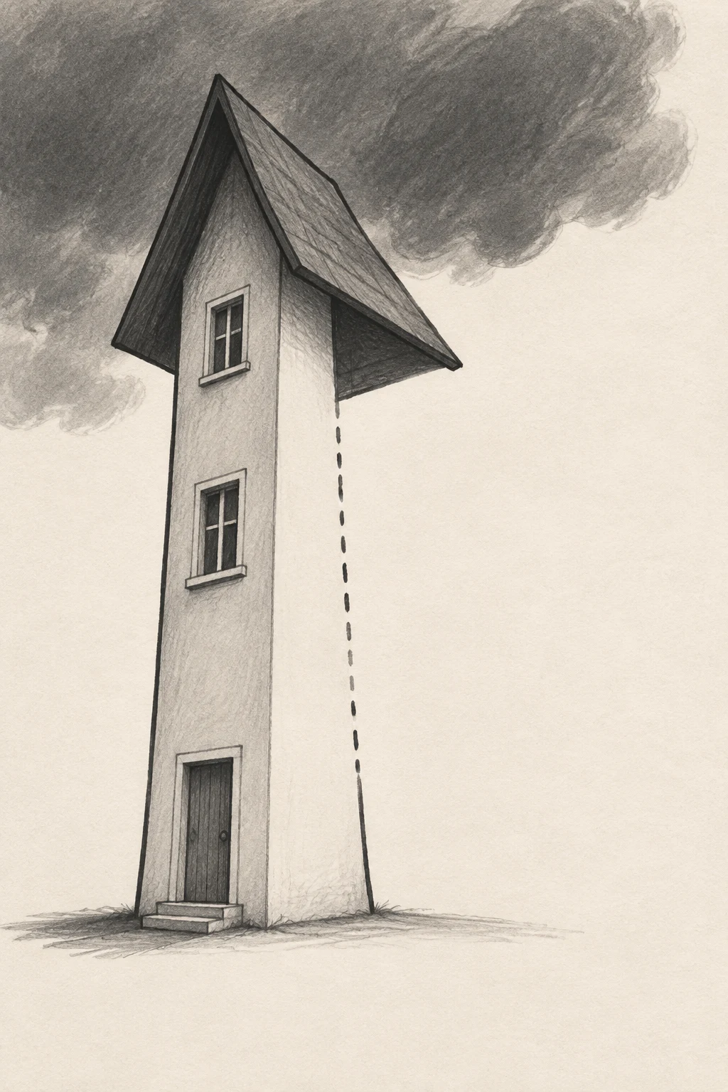 A very tall, narrow house with a broad dark pitched roof stands left of centre beneath a sweeping graphite storm cloud.