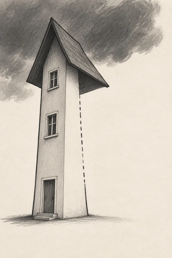A very tall, narrow house with a broad dark pitched roof stands left of centre beneath a sweeping graphite storm cloud.