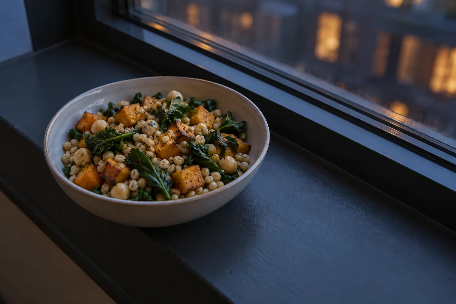 A cream ceramic bowl of pearl barley, orange squash, chickpeas and leafy greens sits on a dark painted windowsill beneath a window with blurred amber lights…