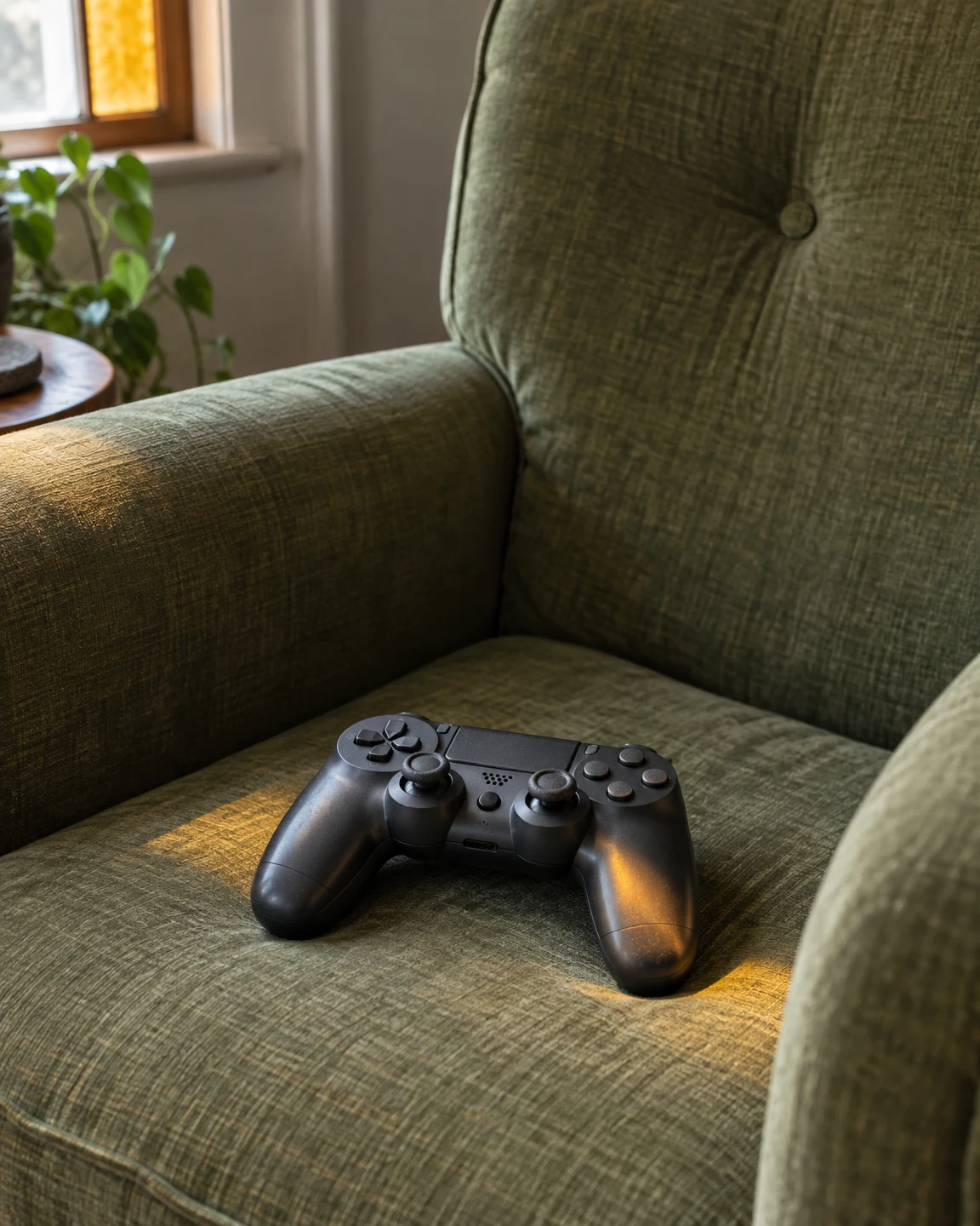 A charcoal game controller rests face-up on the seat of a faded olive upholstered armchair, with warm sunlight falling across the chair and one grip.