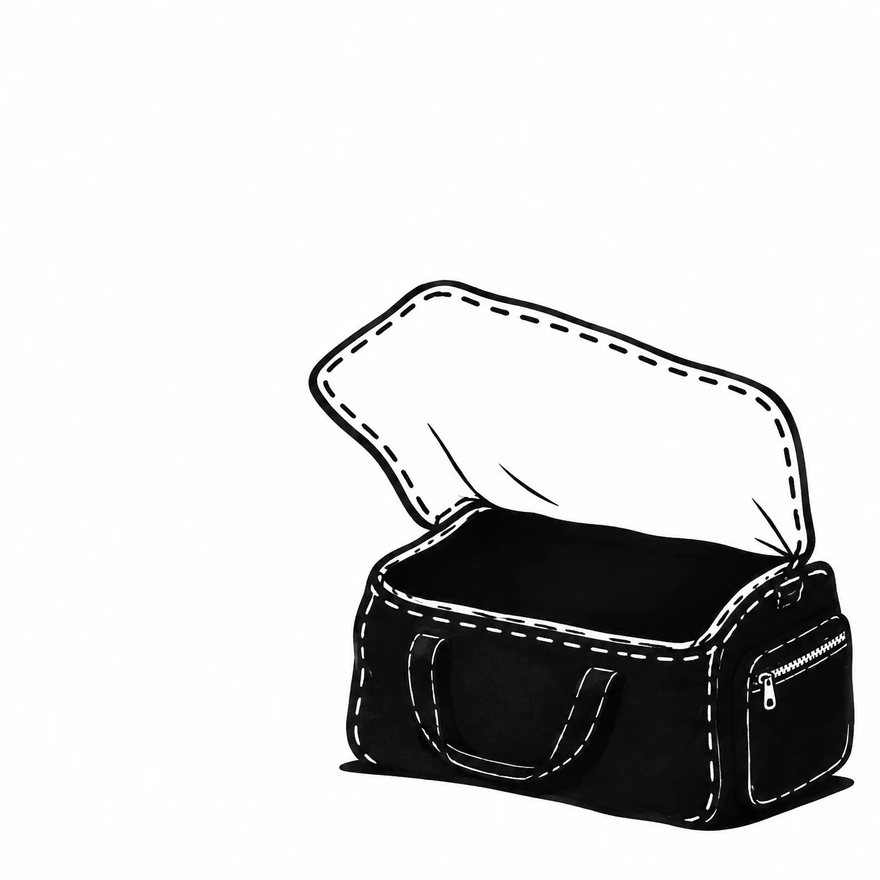 A black, boxy sports bag sits on a white background with its oversized white-lined lid open above a dark interior.