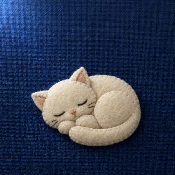 An overhead view of a cream felt kitten curled asleep on deep midnight-blue woven fabric, with stitched closed eyes, a peach nose, triangular ears and a tail…