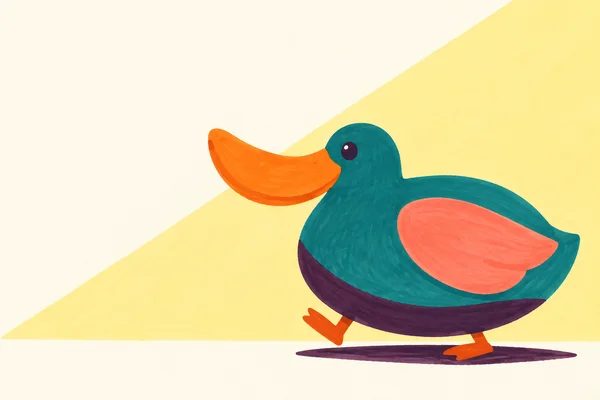 A large teal duck faces left in side profile, with a broad upturned orange bill, coral wing, plum underside and two orange feet, one lifted.
