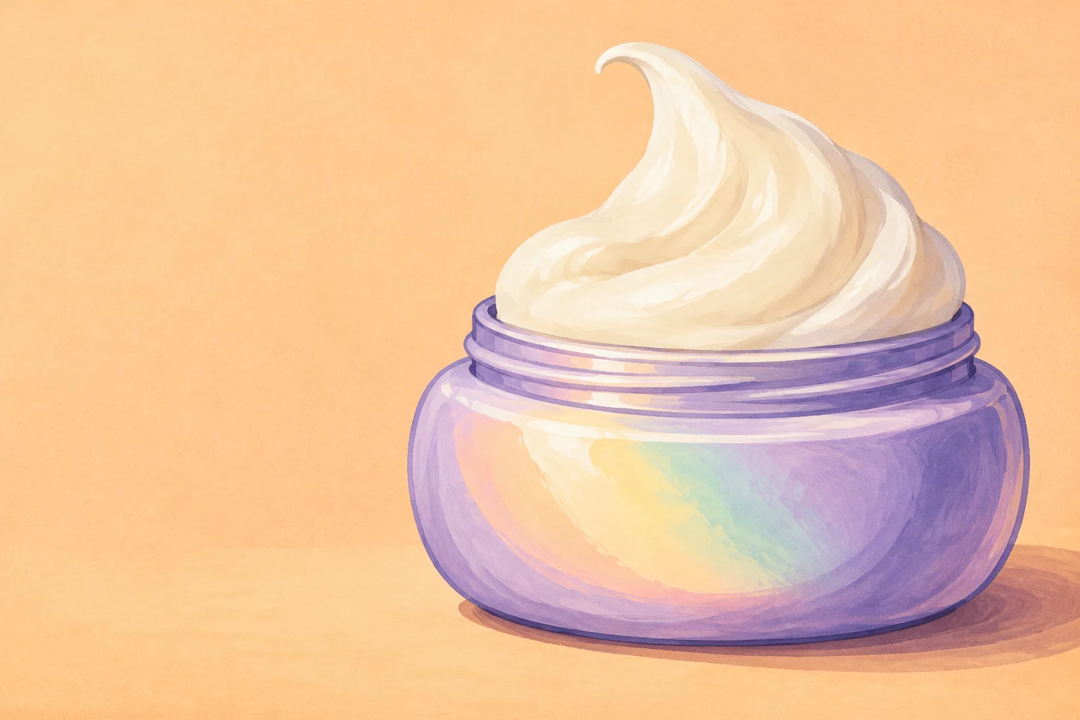 A large open lavender moisturiser jar with an oversized ivory cream swirl curling upward against a warm apricot background, with pastel rainbow-like highlights…
