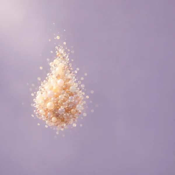 A dense upright cluster of glowing cream, apricot and pale champagne spheres and fine particles floats left of center against a muted lilac background, with…