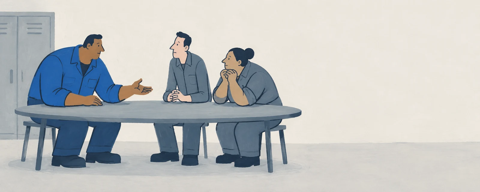 Three workers sit around a broad oval table in a break room, with the broad-shouldered worker on the left gesturing toward two attentive coworkers.