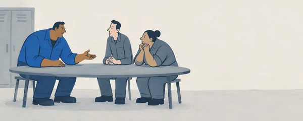 Three workers sit around a broad oval table in a break room, with the broad-shouldered worker on the left gesturing toward two attentive coworkers.