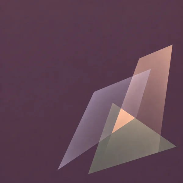 Three large translucent geometric planes in peach, lavender and muted sage overlap across the lower-right of a dusty aubergine field, forming a small bright…