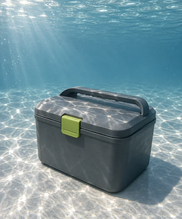 A dark graphite rectangular caddy with rounded corners, a lime-green front latch and an arched carry handle rests on a pale floor underwater.