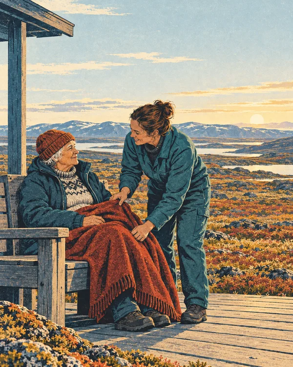 A caregiver in teal workwear bends to tuck a rust-red blanket around an older adult seated on a wooden bench on a veranda, with scrubby tundra, water and…