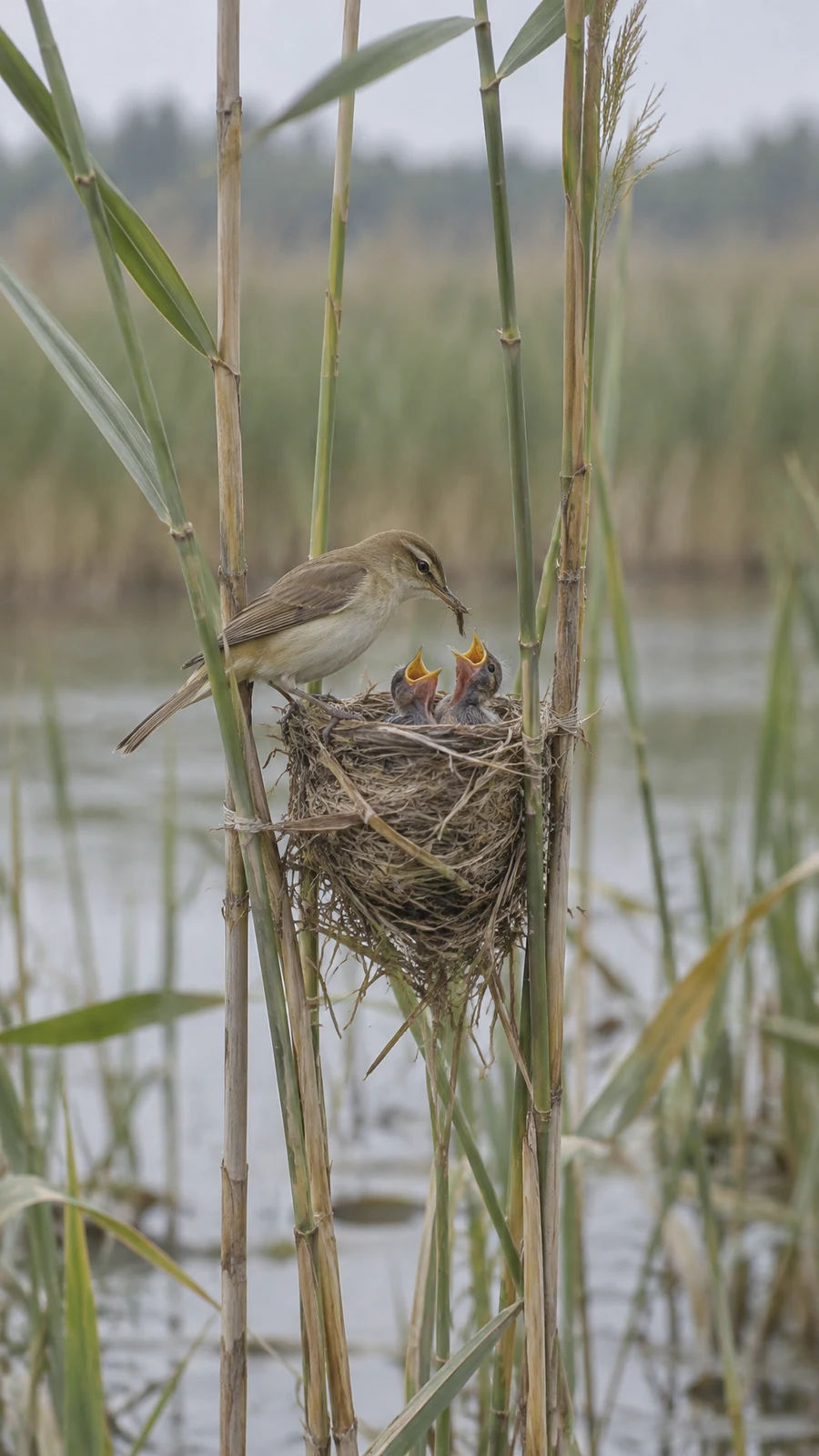 A small brown bird holds an insect above two open-mouthed chicks in a woven nest suspended among upright reeds, with softly blurred wetland reeds and pale…