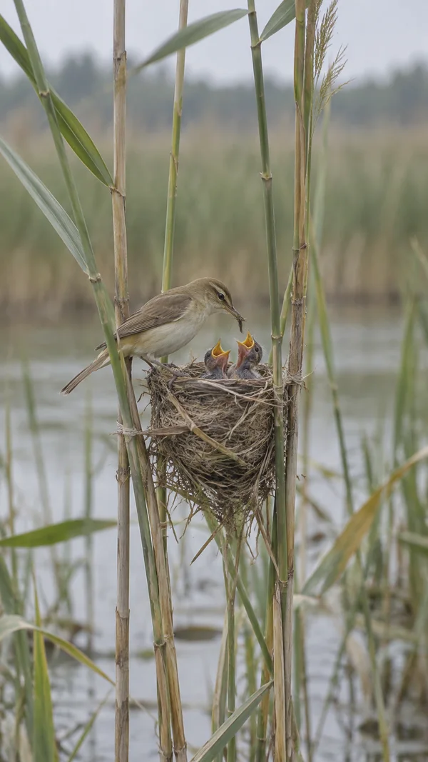 A small brown bird holds an insect above two open-mouthed chicks in a woven nest suspended among upright reeds, with softly blurred wetland reeds and pale…
