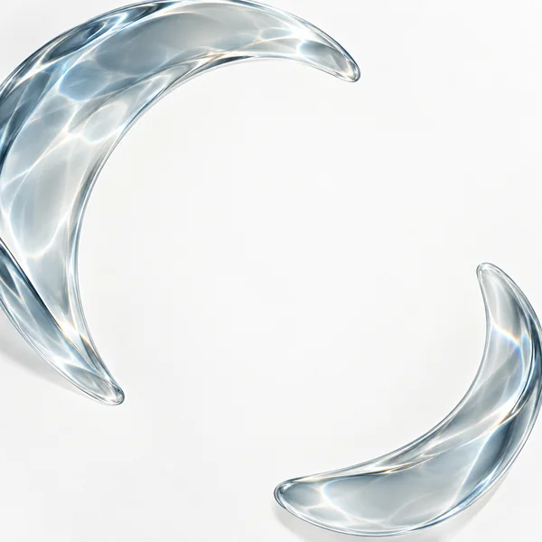 Two translucent, wave-shaped glass crescents curve around a large empty center on a pale background, with blue-grey refractions and bright highlights along…