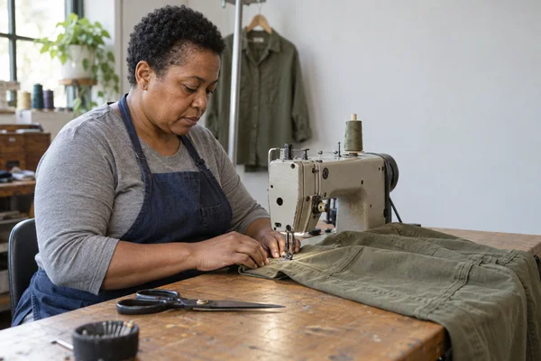 A woman in a grey shirt and navy apron guides olive trousers beneath an industrial sewing machine in a tailoring shop.