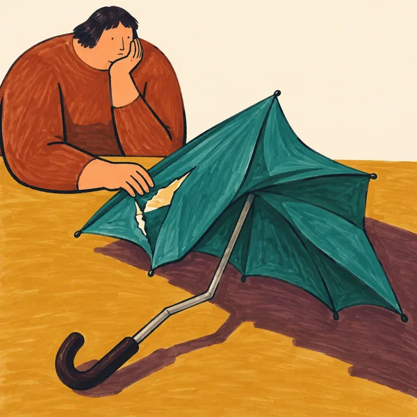 A broad-shouldered person in a rust sweater leans over a large teal umbrella on an ochre tabletop.