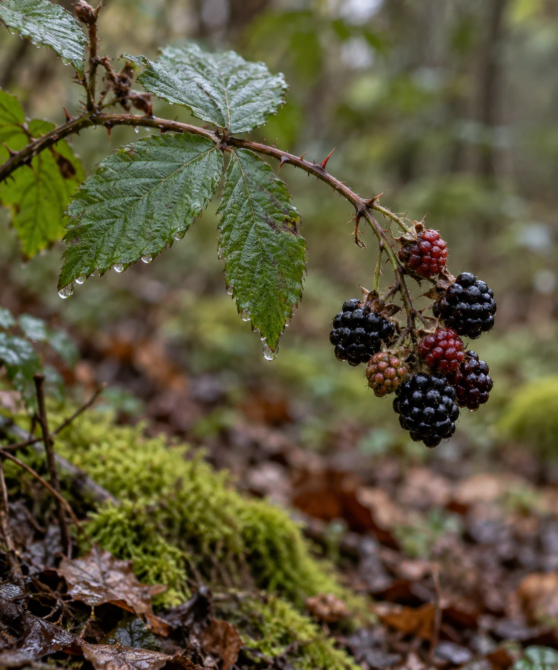 A thorny bramble cane arches across a damp woodland floor, bearing serrated leaves with raindrops and a cluster of berries in red, purple, and glossy black.