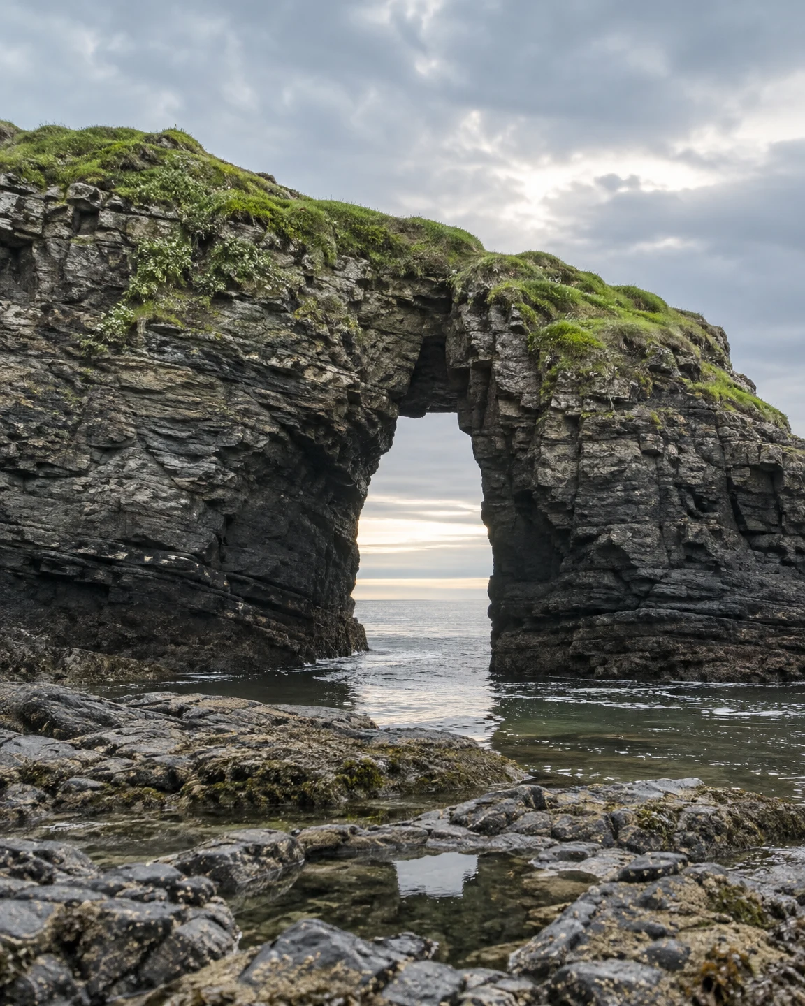 A dark, layered sea arch topped with bright green grass frames a pale strip of ocean beneath a cloudy sky.
