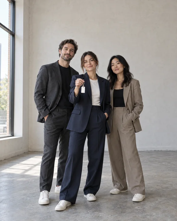 Three business partners stand full-length in an empty storefront, with the woman in the centre holding a key ring and blank white tag; a tall window is on the…