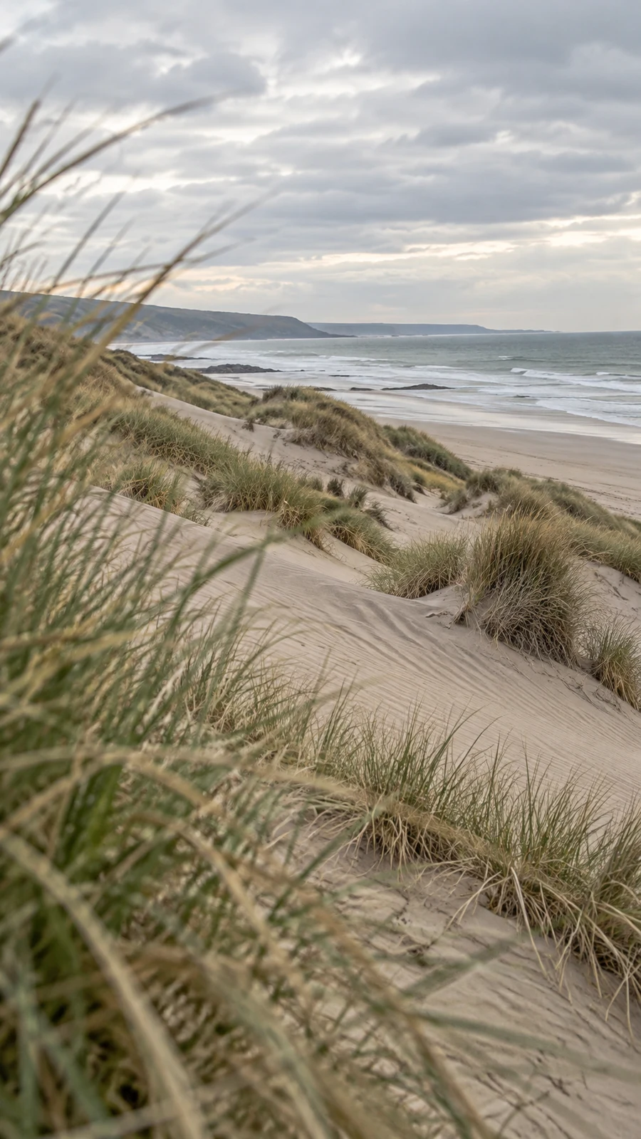 A low view across wind-rippled coastal dunes covered with marram grass toward a muted sea and distant headland beneath a bright, clouded sky.