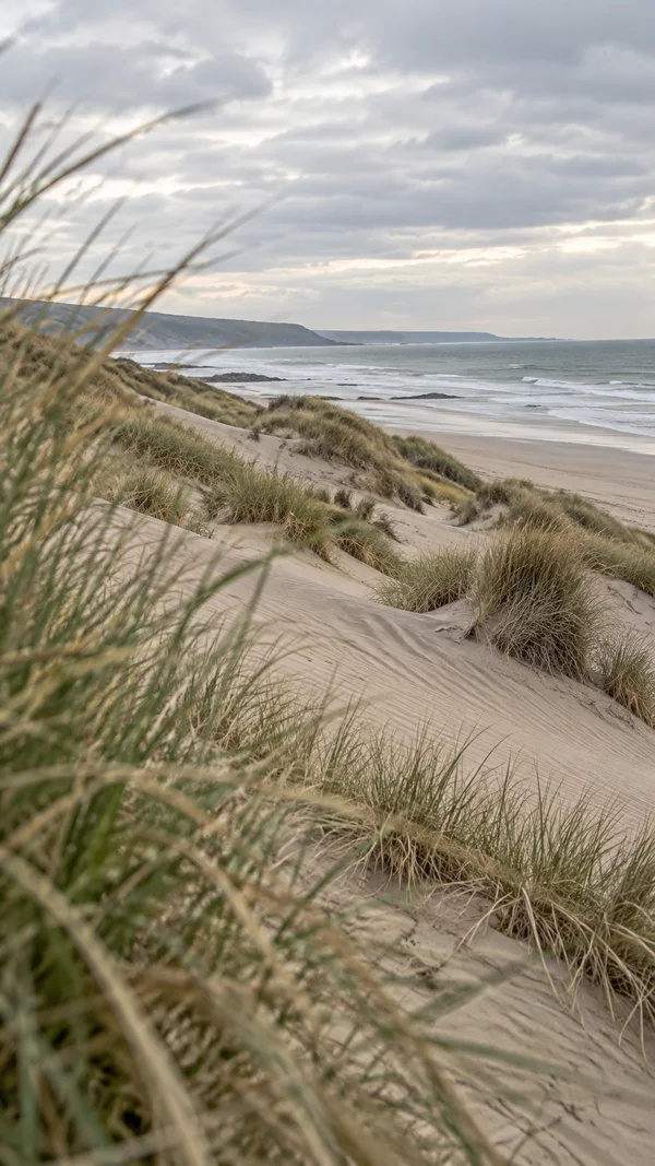 A low view across wind-rippled coastal dunes covered with marram grass toward a muted sea and distant headland beneath a bright, clouded sky.