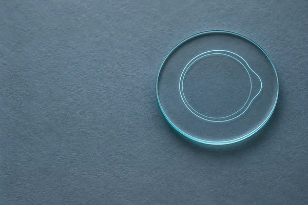 A transparent circular disc with two fine cyan outlines, one subtly bulging outward, rests on a textured blue-grey surface; the disc is positioned on the right…