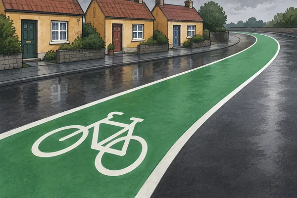 A broad green cycle lane with white borders curves diagonally past three ochre house fronts with russet roofs.