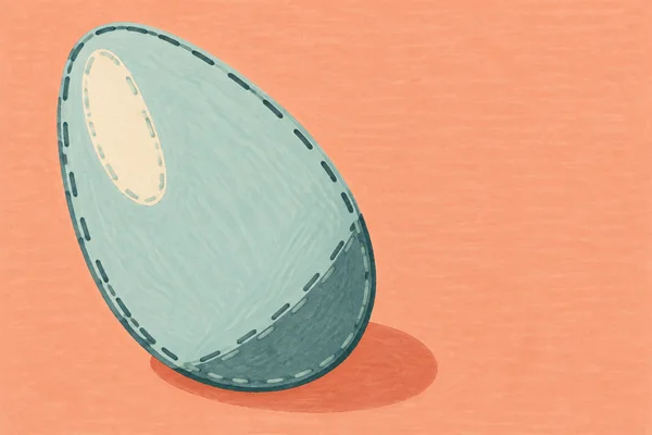 A large pale blue-green egg lies diagonally on a warm peach ground, with a cream oval highlight, dark teal underside, dashed stitched outlines and a coral…