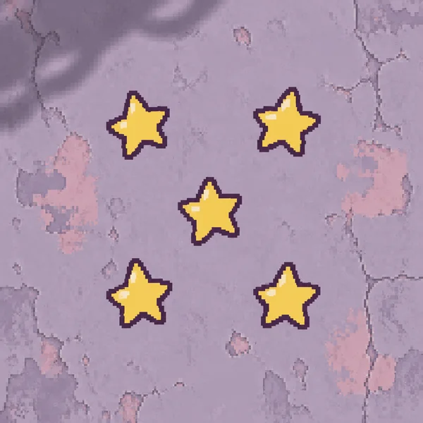 Five yellow, deep-plum-outlined star stickers form a loose cluster on a weathered lavender wall, with dusty-pink paint remnants and a wavy shadow along the…