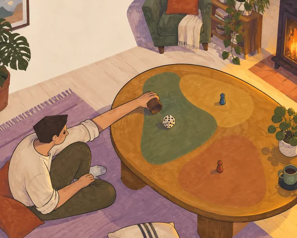 A seated person on a lavender rug reaches across an ochre coffee table with a tipped dice cup; a die and two small game pieces sit on the table in a warmly lit…