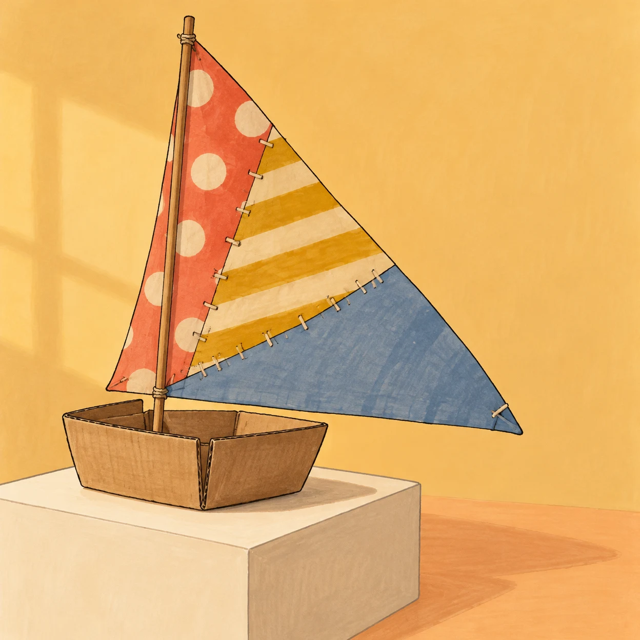 A handmade cardboard sailboat with a tall three-color patched sail sits on a cream display plinth against a warm yellow background, with a long peach shadow…