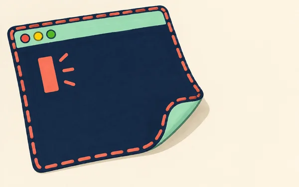 A diagonally tilted navy terminal-window patch with a mint title bar, three colored round controls, and a large coral cursor with three pulse marks.