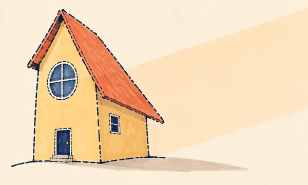 A tall, narrow ochre house with an asymmetrical coral roof, a large round front window, a small navy door, and a rectangular side window, drawn with uneven…