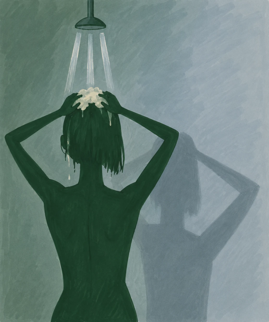 A dark green, rear-facing figure washes shoulder-length hair beneath an overhead shower, with pale foam on the head and an enlarged shadow cast across a…