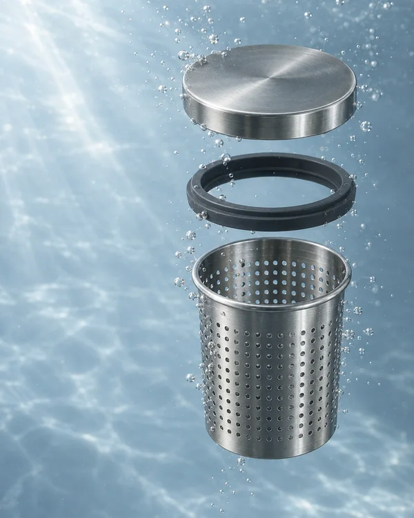 A three-part stainless-steel tea infuser floats vertically underwater, with a shallow round lid above a dark silicone ring and a perforated cylindrical basket…