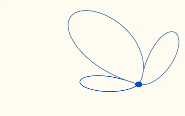 Minimal abstract graphic with three blue and blue-grey looping curves converging at a solid cobalt oval on a warm ivory field, leaving broad open space on the…