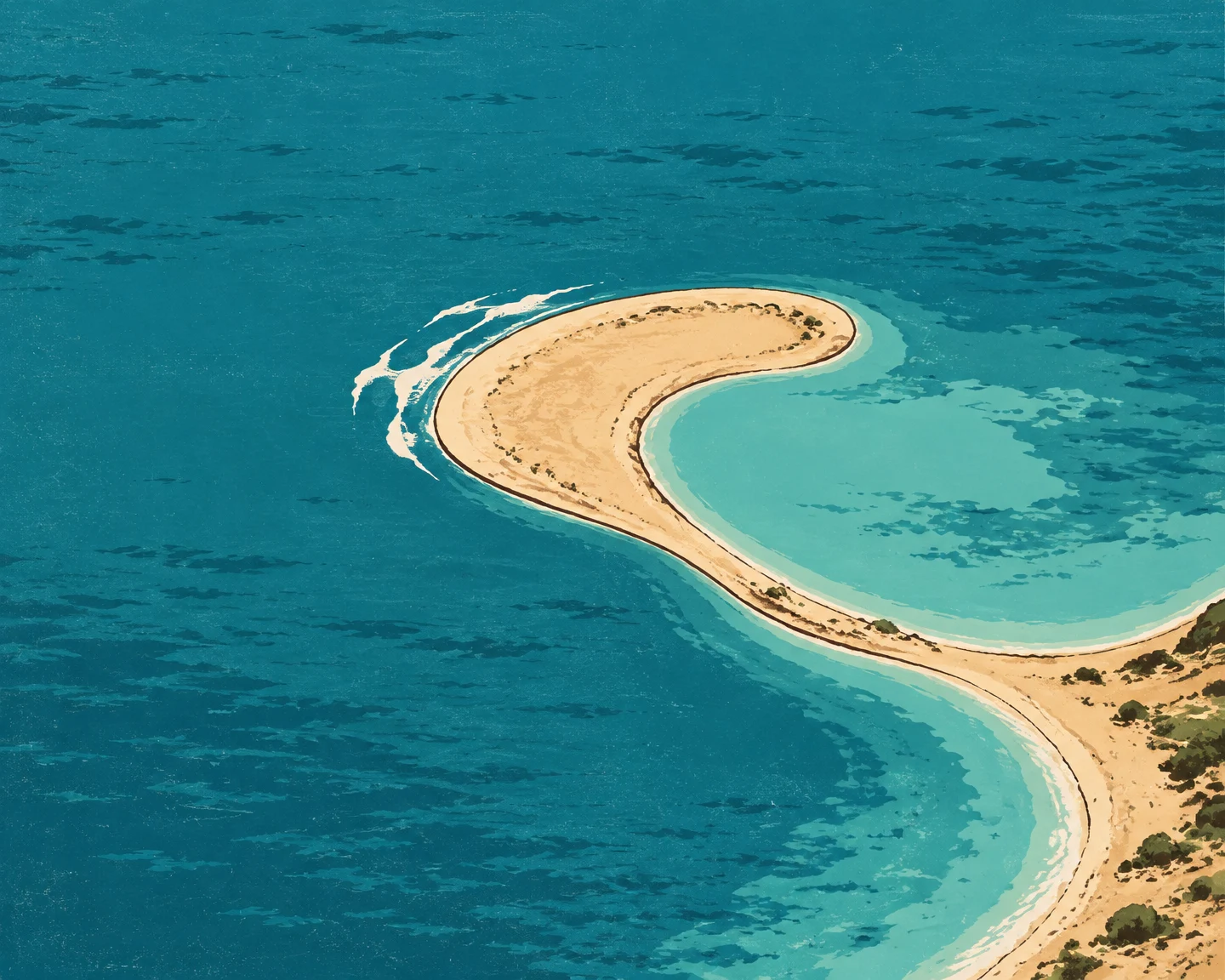 An illustrated coastal sand spit curves around a sheltered turquoise inlet, joining a sandy shoreline that enters from the lower right.