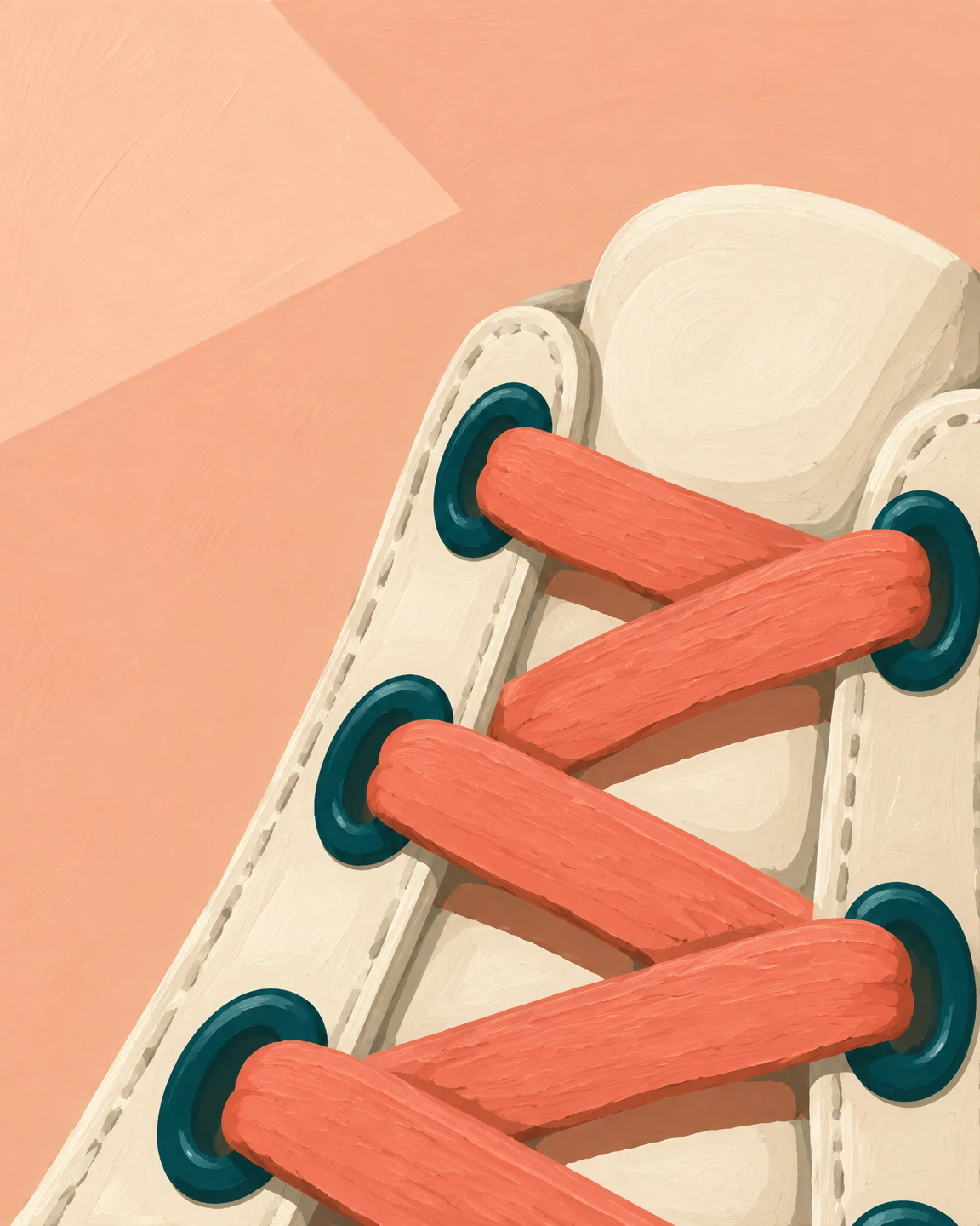 Overhead close-up of a cream sneaker with an oversized coral lace zigzagging through dark-teal eyelets, against a pale-peach background with an angular lighter…