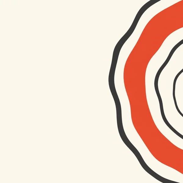 Minimal abstract artwork with a warm ivory field and large cropped charcoal and vermilion undulating bands along the right side, leaving broad empty space on…