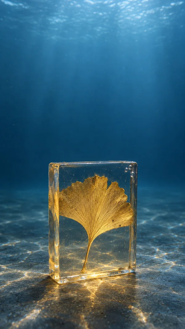 A clear rectangular resin block containing a golden fan-shaped ginkgo leaf stands on a textured slate-blue floor underwater, with three small bubbles near its…