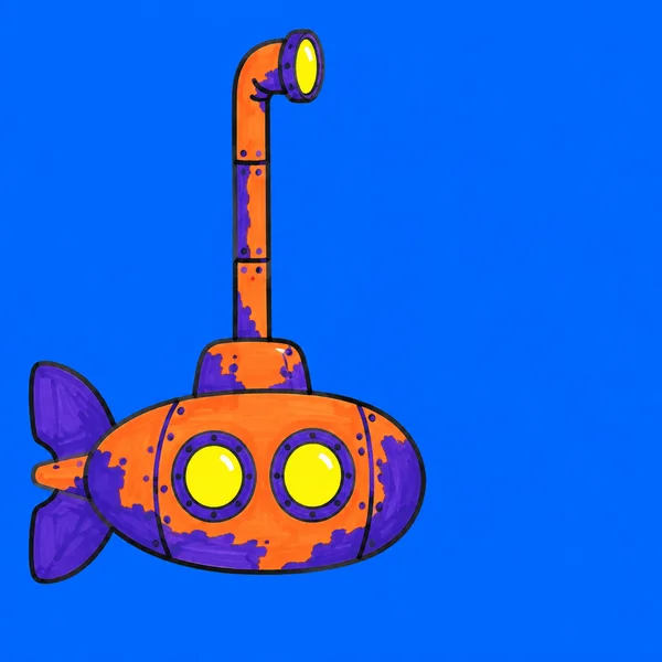 A hand-drawn submarine with a copper-orange capsule hull, two yellow portholes, violet fins and patches, and a very tall bent periscope sits against a…