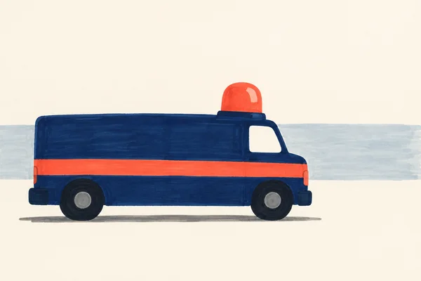 A hand-drawn marker illustration of a long, squat dark-blue ambulance facing right, with a coral side stripe, oversized coral roof beacon and two chunky wheels.