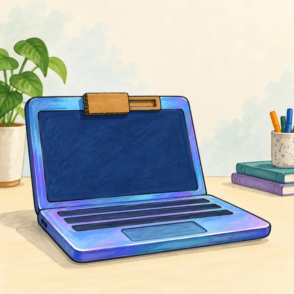 A squat blue-and-violet laptop sits open on a pale tabletop, with a brown cardboard shutter covering the top bezel.