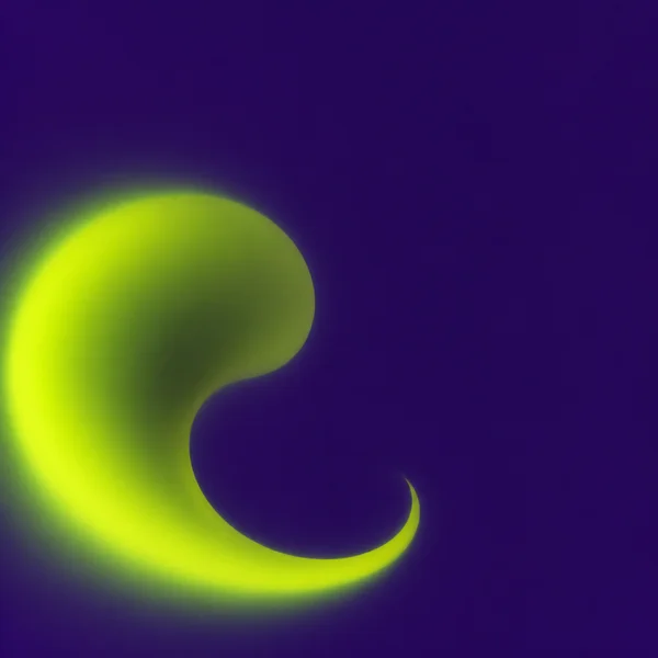 A large luminous yellow-green hooked form curves across the lower-left of a smooth midnight-violet square field, leaving broad empty space above and to the…