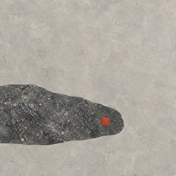 A dark, horizontally elongated mineral-texture patch extends in from the lower-left edge across a warm grey textured field, with a small red square near its…