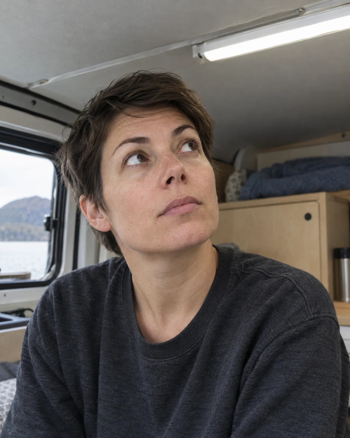 A short-haired adult in a charcoal crewneck looks upward inside a compact camper cabin, with a fluorescent light overhead, a small window, pale wood cabinetry…