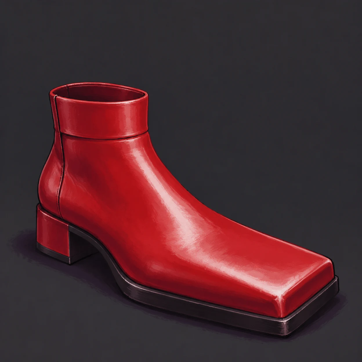 A cherry-red ankle boot is shown in three-quarter view against a charcoal background, with a broad square toe pointing to the lower right, a short cuff and…