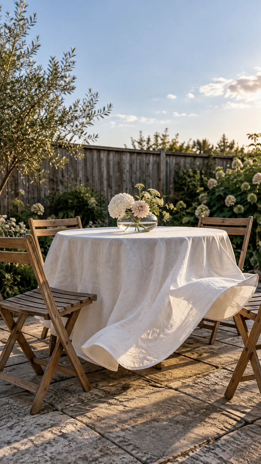 A round table covered with white linen stands on a paved backyard patio among wooden folding chairs.